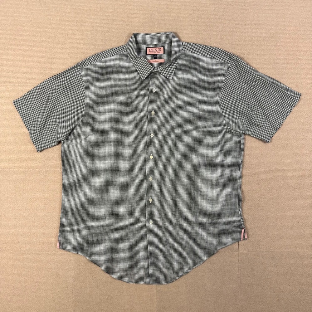 Thomas Pink Linen Short Sleeve Shirt Men XL Green Gingham Button Up Lightweight